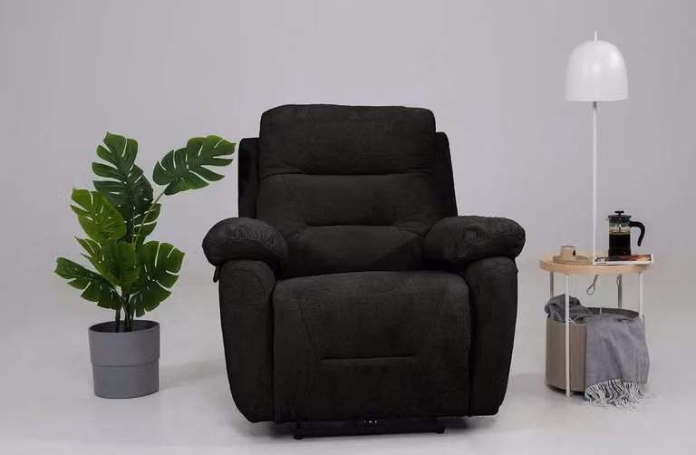 Poltrona reclinabile elettrica, colore nero, rivestita in tessuto, con funzione relax, molto confortevole
