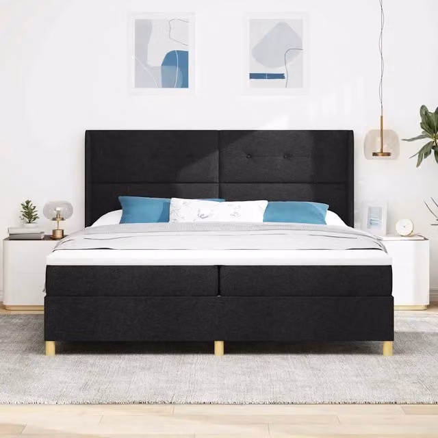 Letto a molle moderno vidaXL con testiera imbottita in tessuto nero e dettagli oro, L/P/H: 200 x 200 x 280 cm