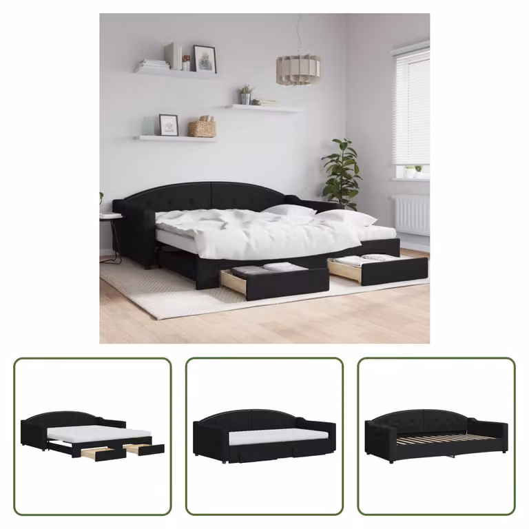 The Living Store Letto da giorno allungabile con cassetti nero 100x200 cm in tessuto