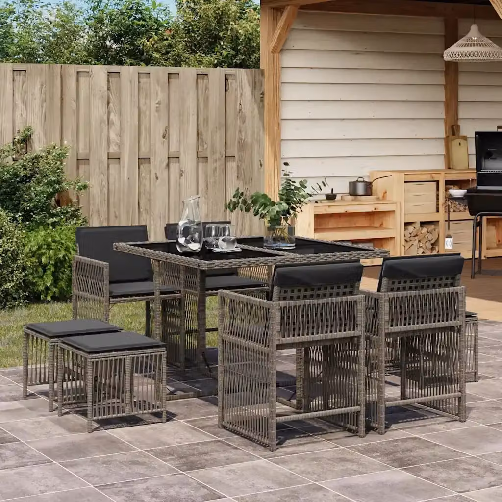 Set da Pranzo da Giardino 9 pz in Polyrattan Grigio con Tavolo in Vetro e Sedie in Metallo – 2