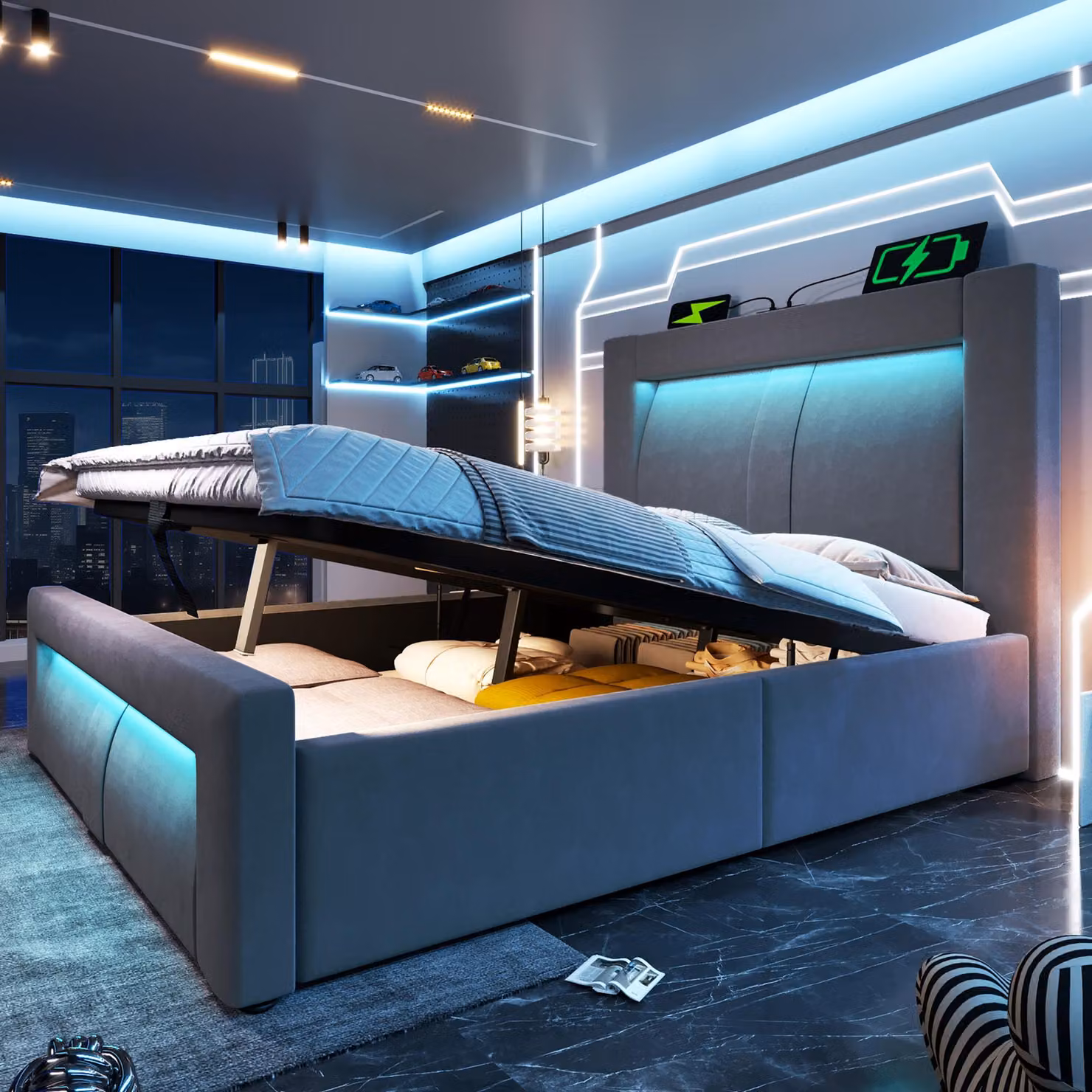 Letto imbottito idraulico Flieks 90x200cm con porte di ricarica USB e Type-C, letto per ragazzi letto singolo con Led, letto contenitore in velluto, grigio
