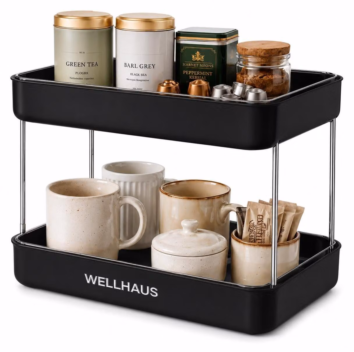 WELLHAUS - Organizzatore da cucina, 2 ripiani, nero, scaffale, contenitore per la cucina