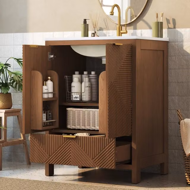 Mobile bagno con lavabo in ceramica 61 cm a terra; 2 ante ammortizzate e cassetto; struttura in MDF effetto noce