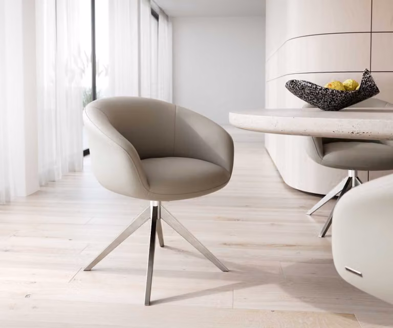 DELIFE Sedia girevole Vinka-Flex con braccioli in vera pelle color fango, base a croce larga in acciaio inox, girevole a 360°, molle insacchettate