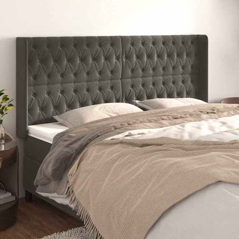 Testiera ad orecchio vidaXL in velluto grigio con struttura in legno e MDF, L: 203 cm, P: 16 cm, H: 118/128 cm