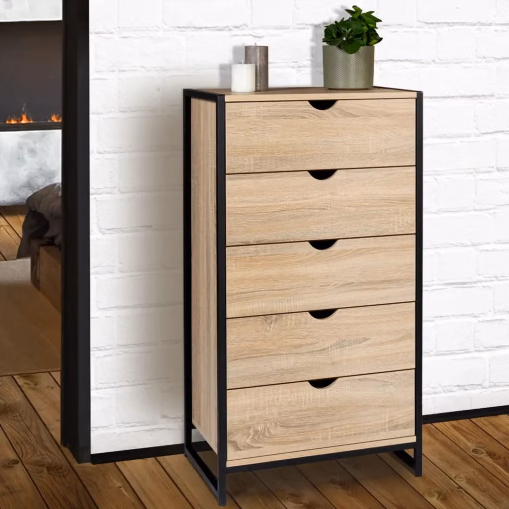 Cassettiera a 5 cassetti IDMarket DETROIT con design industriale in metallo e legno, nero e marrone – 2