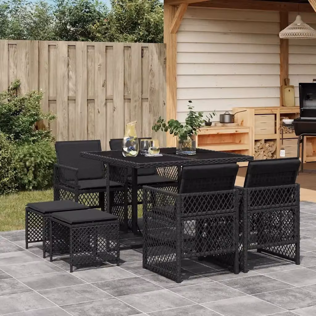 Set da Pranzo da Giardino 9 Pezzi in Polyrattan Nero con Piano in Vetro e Cuscini – 2