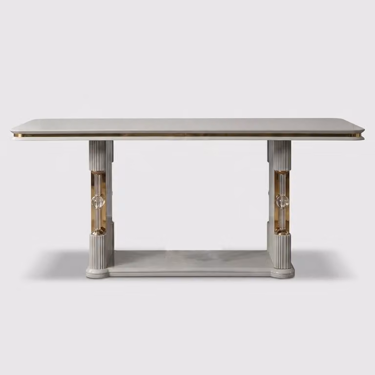 Tavolo da pranzo per soggiorno, design moderno, nuovo, confortevole, grigio, con dettagli dorati, elegante e di tendenza