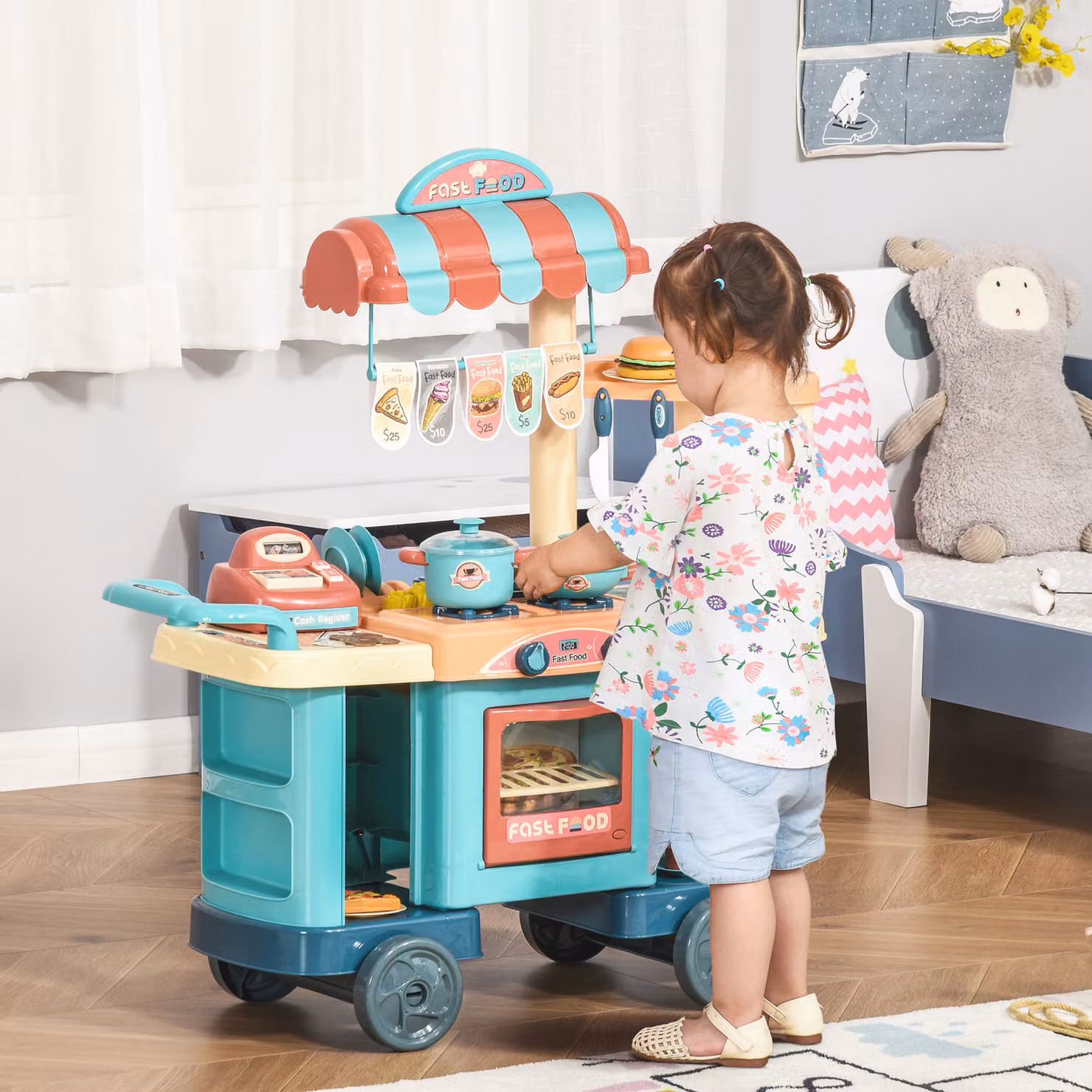 Cucina Giocattolo per Bambini HOMCOM con 50 Accessori Inclusi, Multicolore, L: 79.5 cm, P: 33 cm, H: 90.5 cm – 2