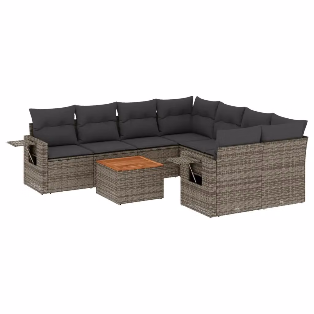 vidaXL Set Divano da Giardino a L 9 pz in Polyrattan Grigio con Cuscini e Tavolino – 2