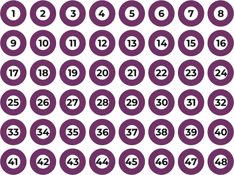 Foglio autoadesivo A4 numerato da 1 a 48, viola, formato Edm.