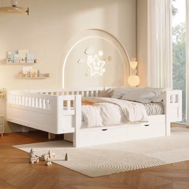 Letto 140x200 cm con sponda di protezione e 2 cassetti in legno e MDF bianco