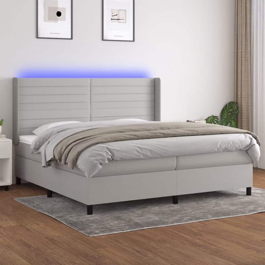 Letto a Molle vidaXL con Illuminazione LED e Porte USB in Tessuto Grigio o Bianco 200x200 cm – 1