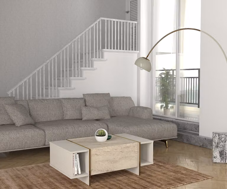 Skye Decor, Veyron - Travertino, Arenaria, Tavolino, Travertino, PANNELLO TRIBORDATO RIVESTITO AL 100% IN MELAMMINA, 103,8 x 60 x 37,3 cm