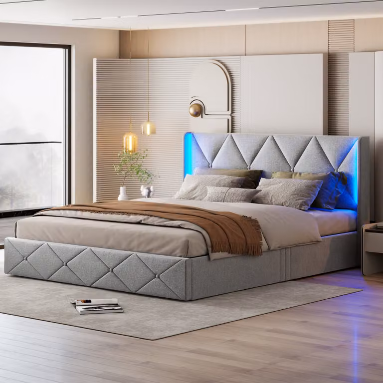Letto con contenitore 140 x 200 cm, testata con illuminazione LED, letto matrimoniale con rete a doghe, velluto, grigio