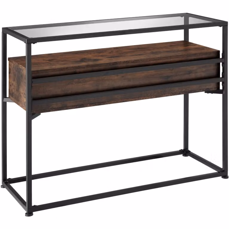 Tavolo console Reading tectake in stile industriale color marrone con piano in vetro, L: 101,5 cm, P: 41,5 cm, H: 80,5 cm