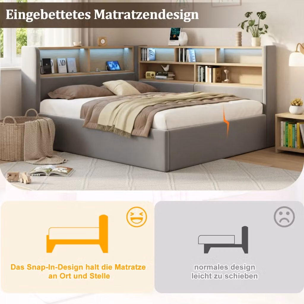 Letto REDOM imbottito in velluto grigio con contenitore idraulico e porta USB, L/P: 140 x 200 cm – 2