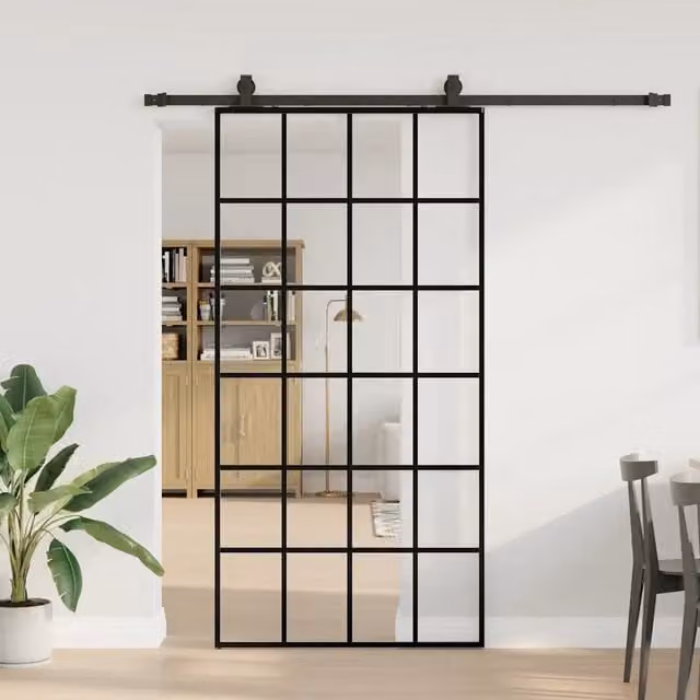 Porta Scorrevole Moderna vidaXL in Vetro Trasparente con Telaio in Alluminio e Ferramenta Nera L: 102 cm, H: 205 cm – 1