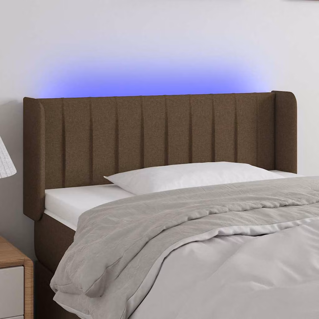 Testiera per letto vidaXL in tessuto marrone scuro con illuminazione LED e porta USB, L 103 cm, P 16 cm, H 78/88 cm