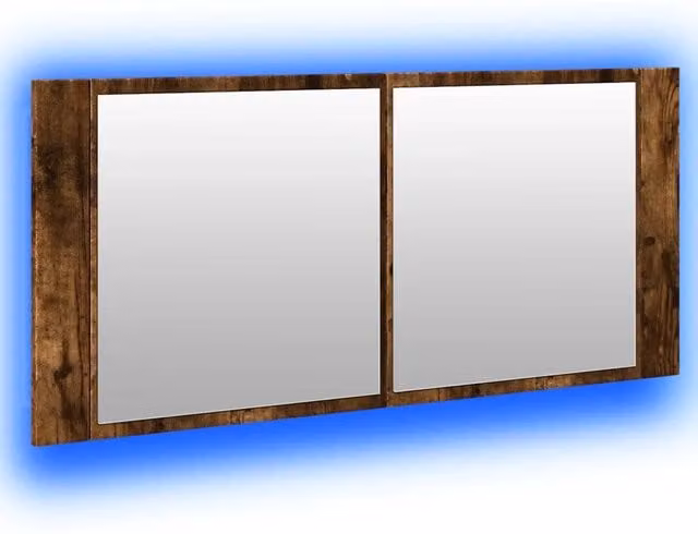 Mobiletto da bagno moderno con specchio e illuminazione a LED 100 x 12 x 45 cm in legno composito finitura rovere affumicato 02_0049285