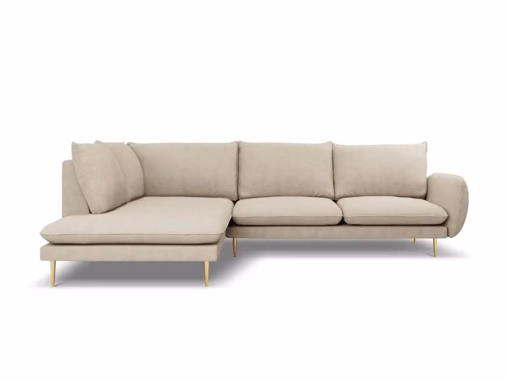 Divano angolare sinistro Vienna di Cosmopolitan Design, modello a 6 posti in tessuto beige e oro con struttura in metallo – 2