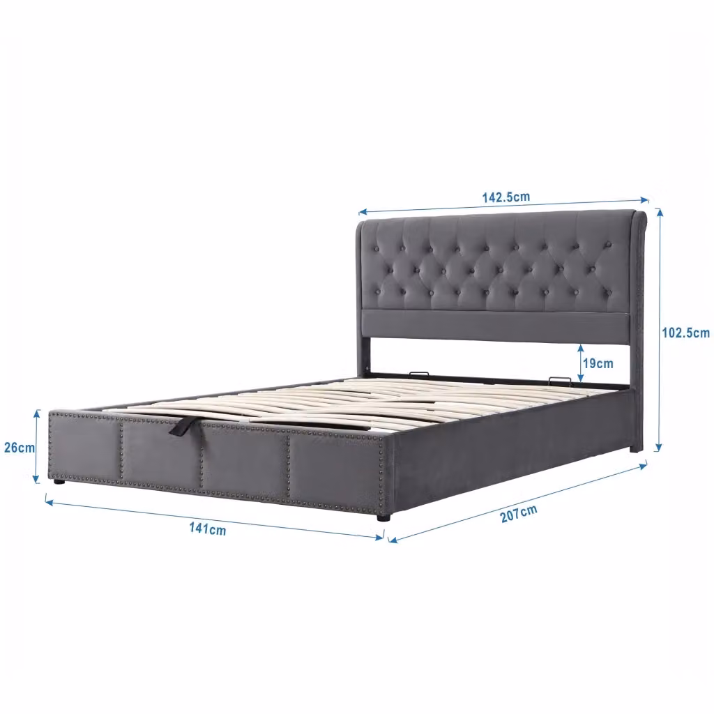 Letto Contenitore REDOM in Velluto Grigio con Rete a Doghe L: 140 cm, P: 200 cm – 2
