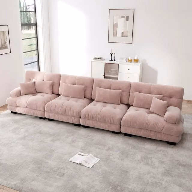 Divano angolare moderno MIVRAY in velluto rosa con cuscini decorativi per soggiorno e ufficio