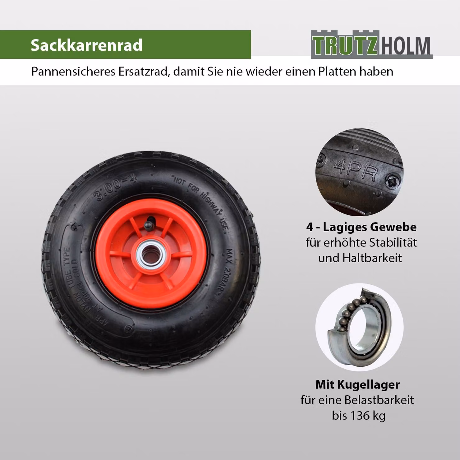 Ruota per carrello a mano Ruota pneumatica 260x85 mm 3.00-4 Mozzo sfalsato 60 mm Ø 20 mm rosso Robusto tessuto 4 PR