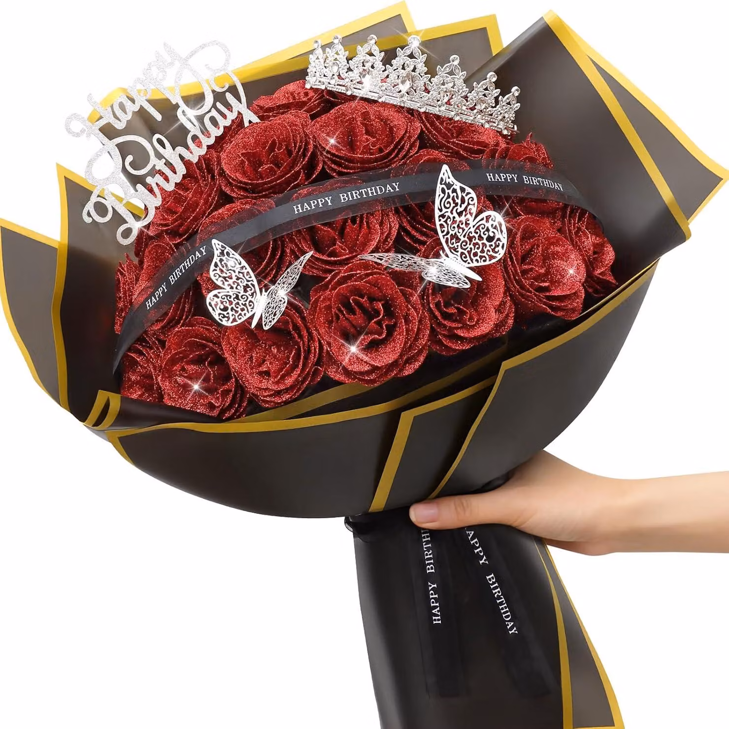 Fiori artificiali a forma di rosa - 24 pezzi con stelo - Rose glitterate - Bouquet di fiori artificiali - Ideali per matrimoni