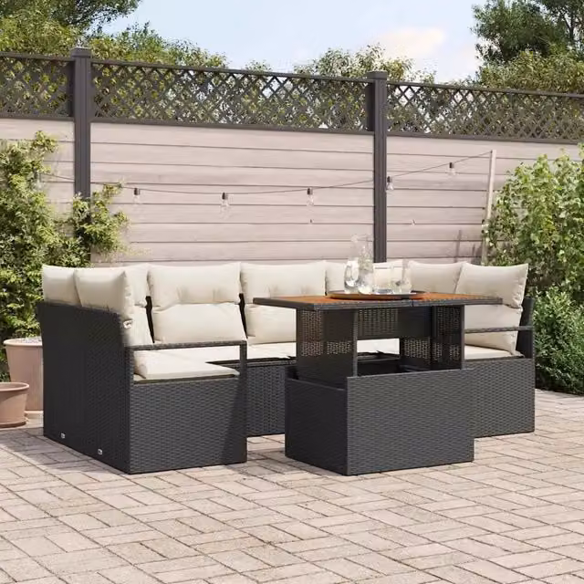 Set Divano da Giardino 7 pz 6-Numero di posti Nero e crema 3349662