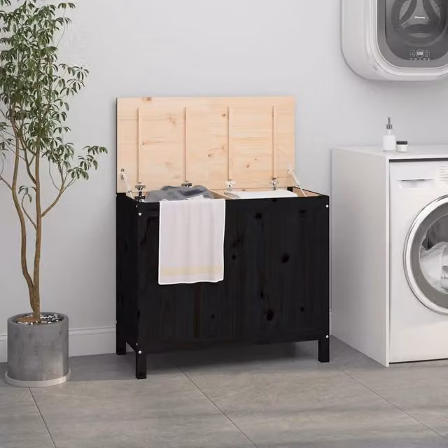Contenitore per Bucato vidaXL in Legno Massello di Pino, Nero, L: 88,5 cm, P: 44 cm, H: 76 cm – 1