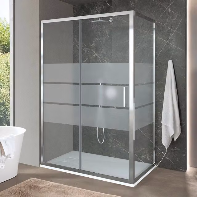 Box doccia angolare Ted con porta scorrevole in vetro serigrafato trasparente L: 150 cm, P: 70 cm, H: 200 cm