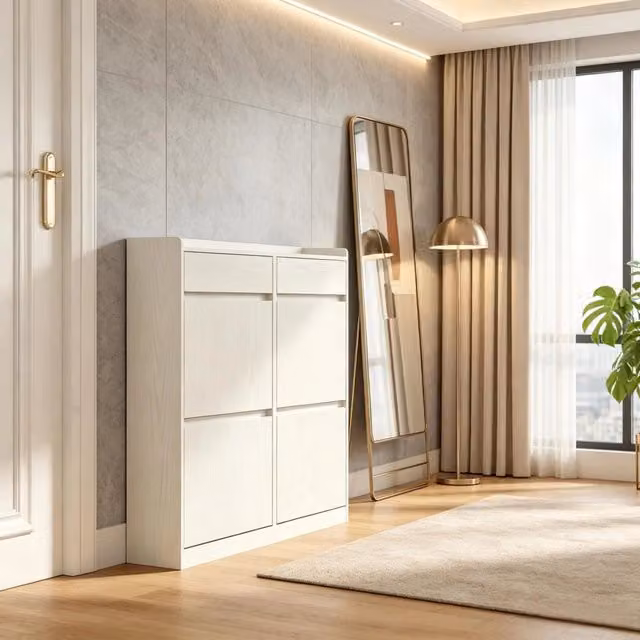 Scarpiera 98x19.2x95.3 cm con 4 vani a ribalta e 2 cassetti scorrevoli in MDF bianca