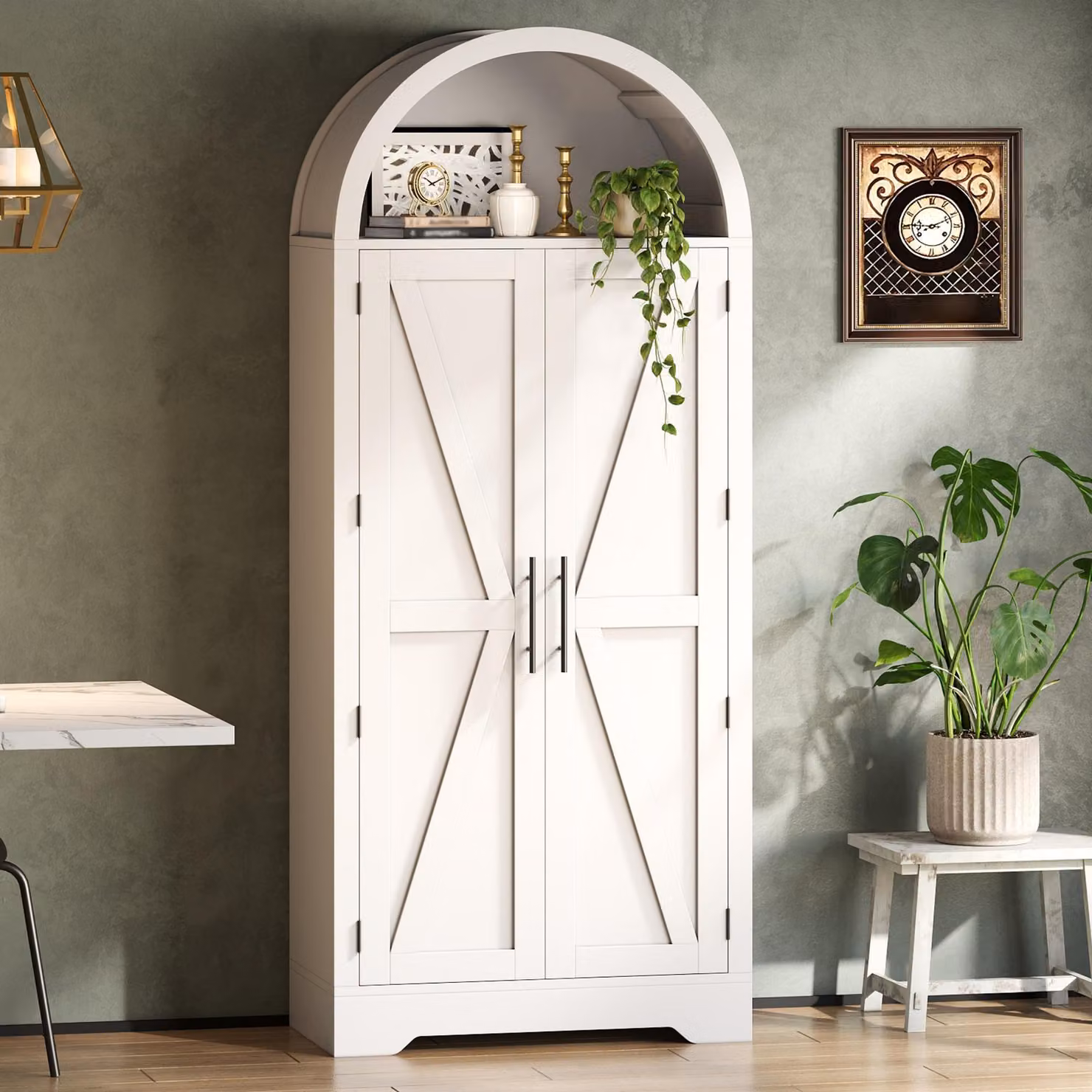 Flieks: armadio ad arco con ripiano sopra la porta e parte superiore aperta, mobile da cucina, armadio alto 70x35x170 cm, bianco