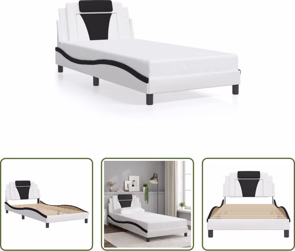 The Living Store Struttura letto con testiera bianca e nera 100x200 cm in ecopelle