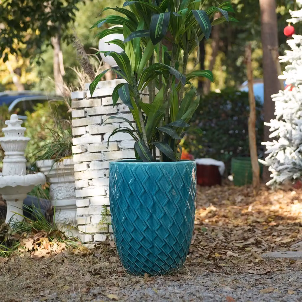 Vaso Portapiante Artigianale REDOM in Ceramica Blu con Design Geometrico e Forma Rotonda, L: 42 cm, H: 54 cm – 2