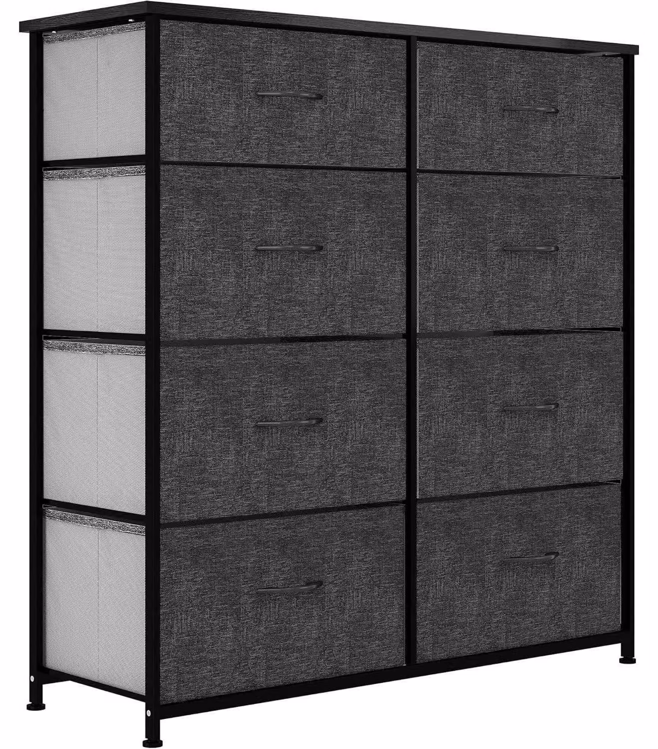 Comodino con 8 cassetti, rivestito in tessuto nero/grigio, dimensioni 86x30x90 cm, struttura in metallo, piano in legno