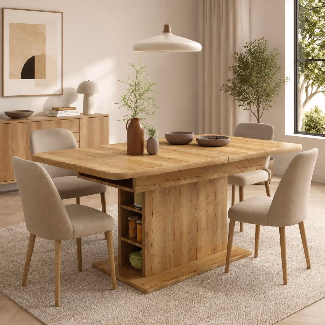 Tavolo da pranzo allungabile Flieks, tavolo da pranzo tavolo da cucina rettangolare, tavolo con spazio di archiviazione, 130x70x75, finitura naturale