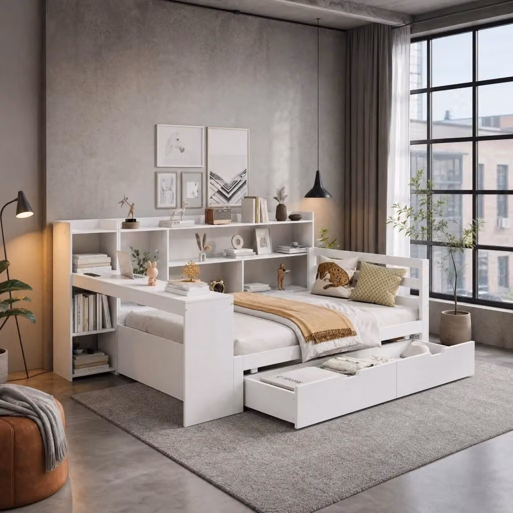 Letto multifunzionale moderno in legno di pino bianco con scrivania, libreria, cassetti e porte USB, L/P/H: 200 x 90 x 120 cm – 2