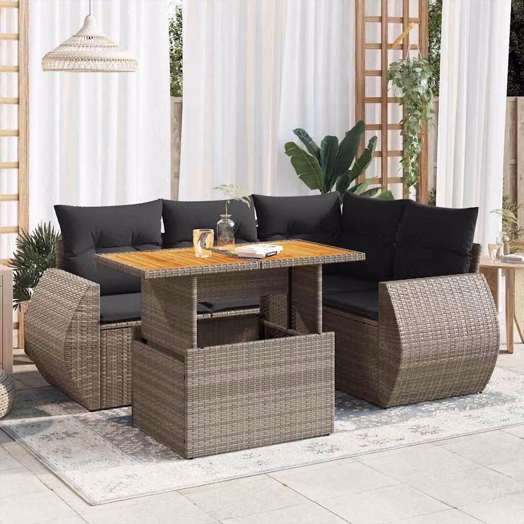 Set Divano da Giardino vidaXL 5 pz in Polyrattan Grigio con Cuscini e Tavolino da Esterno a Forma di L