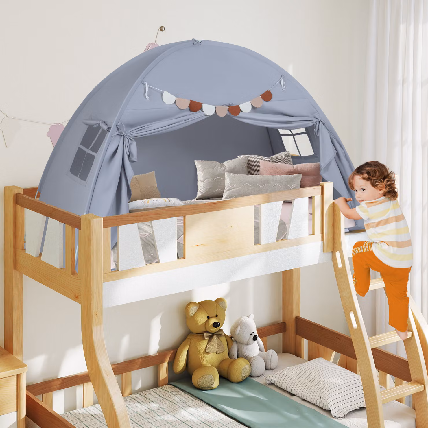 Tenda gioco castello per letto matrimoniale Costway con 2 finestre a bandiera, modello pieghevole per la privacy dei bambini dai 3 anni in su, Grigio