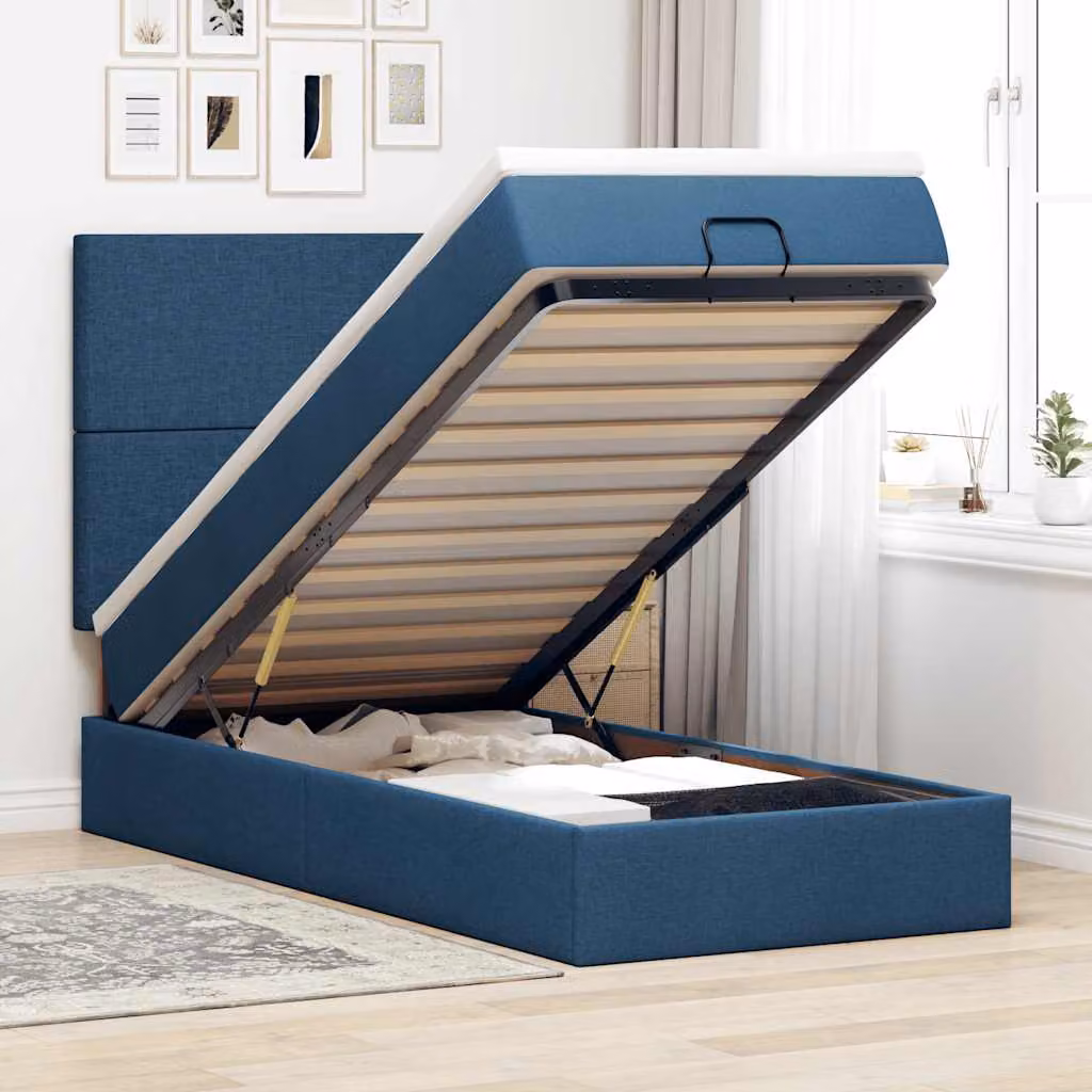 vidaXL Pouf Letto con Materasso Blu e Bianco in Tessuto, L/P/H: 200 x 100 x 128 cm