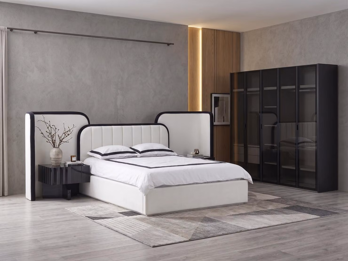 Set per camera da letto moderno, nero ed elegante, composto da letto, armadio e comodini