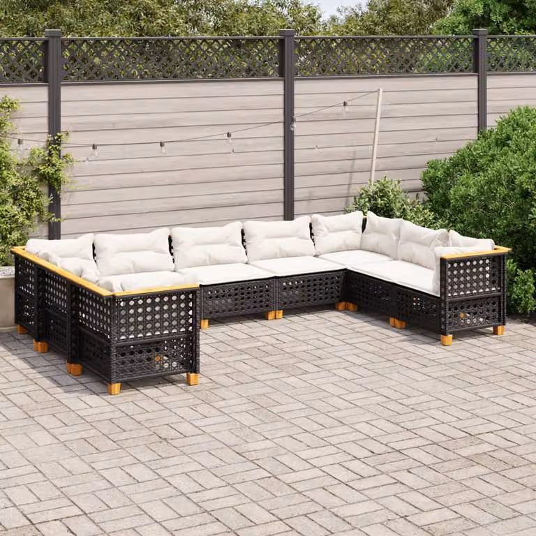Set di divani da giardino vidaXL in polyrattan nero con cuscini e struttura in legno di acacia