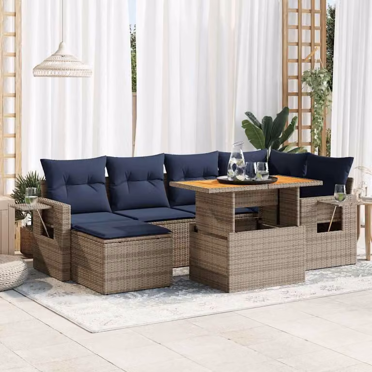 Set da giardino vidaXL in polyrattan grigio composto da 7 pezzi con cuscini e tavolino da esterno