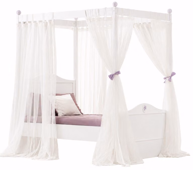 Letto a baldacchino bianco, letto singolo, tende, stile romantico, camera da letto