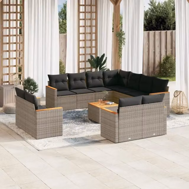 Set di divani da giardino VIDAXL in polyrattan grigio con cuscini, composizione a L per 12 persone – 1