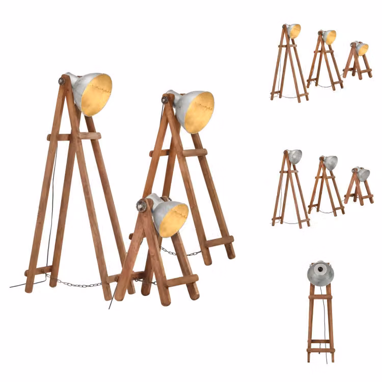vidaXL Lampade da terra 3 pezzi argento E27 mango legno massiccio - Lampade