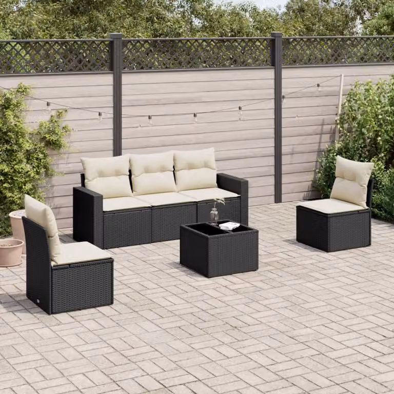 vidaXL Set Divano da Giardino 6 pz in Polyrattan Nero con Cuscini Imbottiti e Tavolino