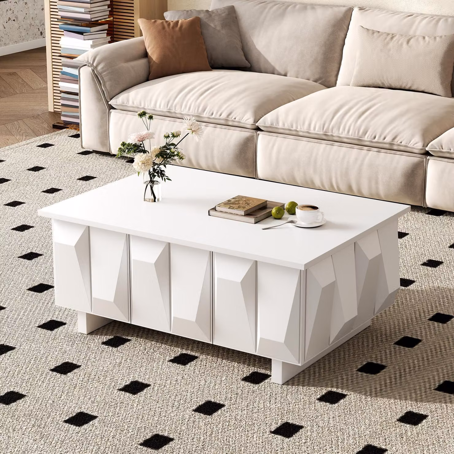 Tavolino okwish con frontali strutturati in 3D, tavolino da caffè con ampia superficie di appoggio, tavolino da divano con spazio contenitivo, colore bianco